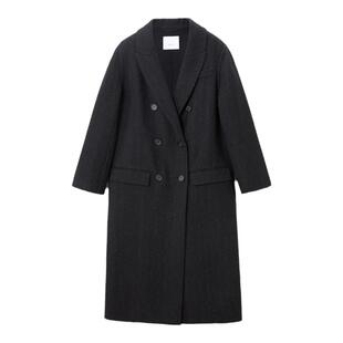 OVV Outlet秋冬女经典撞色复古双排扣长款亚麻羊毛混纺大衣