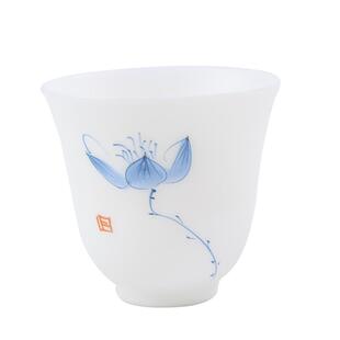素烧手绘荷花小茶杯子德化羊脂玉白瓷功夫茶杯带杯架家用茶室待客