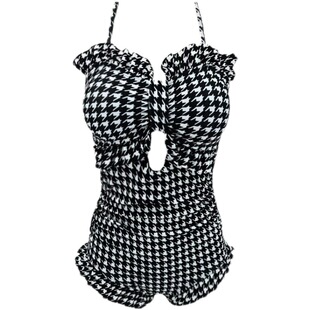 Funhancouple新款千鸟格性感绑带小胸聚拢连体保守游泳衣女温泉