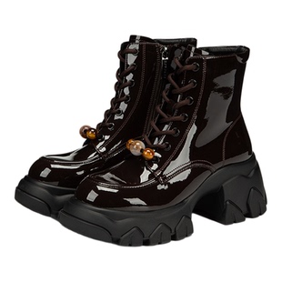 Hongkee/红科短靴女款25新款时尚亮面侧拉链厚底粗跟女靴HA85M420