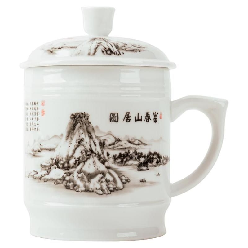 德化大水杯1L陶瓷超大会议泡茶杯个人办公杯子男士带盖家用1000ml