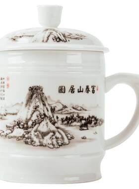 德化大水杯1L陶瓷超大会议泡茶杯个人办公杯子男士带盖家用1000ml