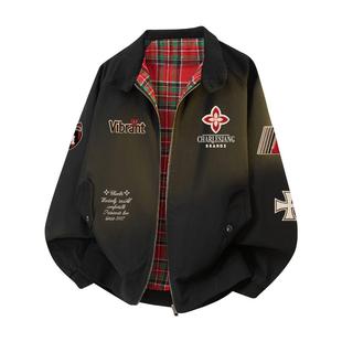 查尔斯桃心美式格纹立领夹克男春秋季新款字母印花情侣教练服外套