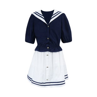 YIYIWANG  miu系海军本季大势有袖/无袖深蓝上衣高腰半身裙套装女