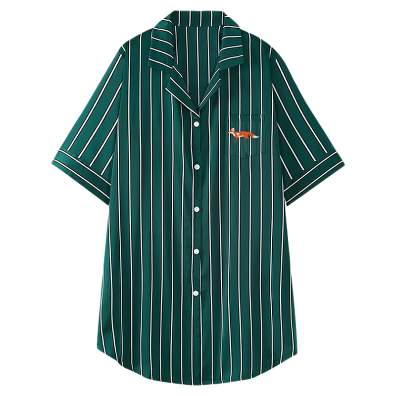 宽松条纹衬衫睡衣裙女夏季冰丝短袖休闲家居服薄款男友风纯欲性感