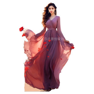 新款连衣裙粉紫色雪纺长款到脚踝长袖长裙时尚洋气海边度假沙滩裙