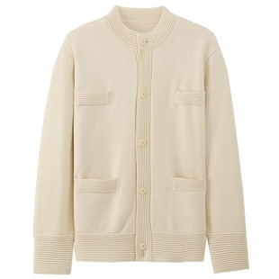 KUYIOU/横机针织致高工艺 肌理提花羊毛无领小香风针织开衫外套男