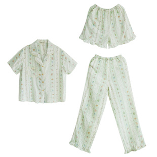 薄荷绿曼波兔·Fishhome原创纯棉双层纱花边领长袖长裤家居服睡衣