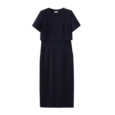 水云间女装 圆领休闲收腰莱赛尔柔软醋纤短袖连衣裙夏季新款