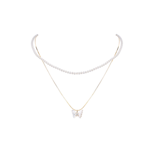 JXRX双层蝴蝶珍珠项链女轻奢小众叠戴锁骨链14k金颈链白贝母吊坠