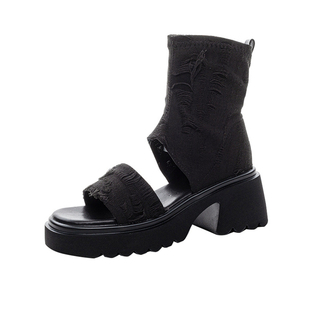 厚底牛仔弹力布马丁靴露趾短靴子女2026新款夏季镂空透气凉靴显瘦