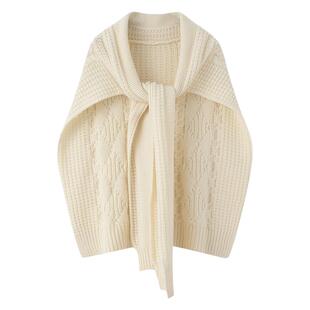 阿绒源100山羊绒特厚女披肩白色系带绞花针织衫均码手编外搭毛衣