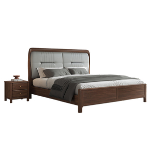 新中式黑胡桃木真皮软靠实木床1.8米主卧卯榫双人床储物卧室家具