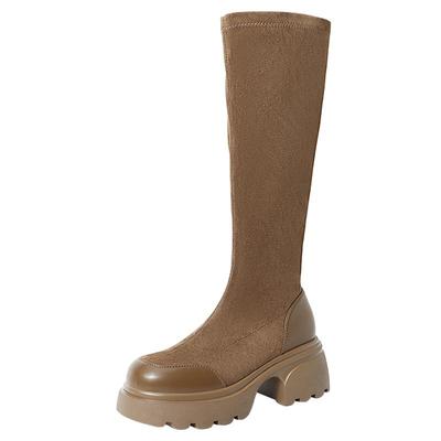 森达奥莱美拉德弹力靴女鞋秋冬季厚底增高拼接骑士长筒靴ZTD40DG3