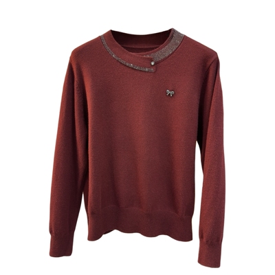 高档妈妈装圆领烫钻蝴蝶结羊毛衫