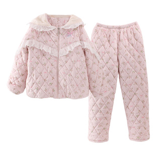 睡衣女款冬加厚三层夹棉带帽拉链碎花甜美风可外穿超厚家居服套装