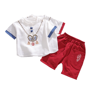 儿童古装男童汉服棉麻套装宝宝唐装女童复古短袖夏装婴儿小童礼服