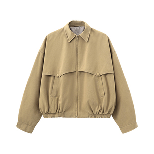 CUBIC复古街头百搭纯色宽松廓形落肩设计翻领小箱型短款夹克外套