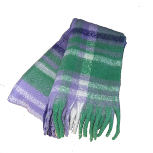 彩虹格子秋冬季仿羊绒粗须围巾女学生情侣马海毛保暖围脖厚款披肩