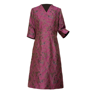 桑蚕丝秋冬连衣裙新款红色高贵气质端庄大气冬季妈妈婚宴羊毛礼服