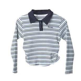 女童条纹打底衫2025春秋新款中大童洋气时髦休闲百搭翻领长袖T恤