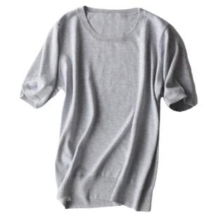 春秋圆领短袖女羊绒衫宽松套头短款打底衫半袖针织衫薄款中袖毛衣