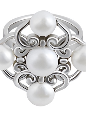 HERBE合璧 五代柿蒂纹样元花天然珍珠开口戒指银色如意纹时尚百搭