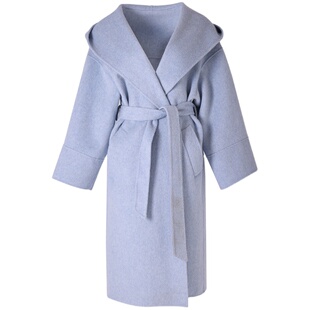 ZHUYIYI 纯手工羊毛连帽双面羊绒大衣女冬季气质宽松蓝色毛呢外套