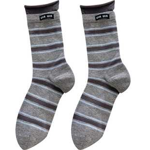 起步韩袜韩国袜子女款2025新款假两件堆堆无骨条纹春夏季棉中筒袜