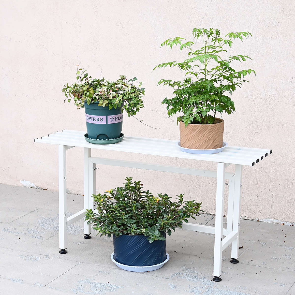 单层带轮白色烤漆花架阳台花盆架子高低组合架户外不锈钢盆景展架