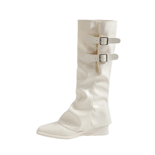 真皮~骄屿长筒靴女2025新款秋冬坡跟尖头可拆两穿长靴短靴骑士靴