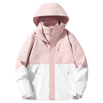 稻草人冲锋衣女2025新款三合一防风防水登山服大码潮牌粉色外套男