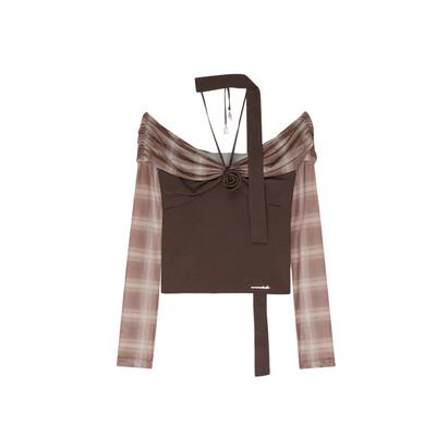 REVAN芮范设计师款玫瑰花格纹一字肩单衣RL10801047