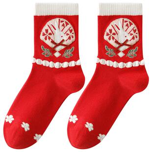 新年袜子礼盒本命年秋冬女款好运红袜棉袜可爱女袜生肖蛇年中筒袜