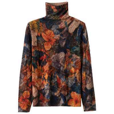 高领水溶羊毛衫女印花针织打底衫