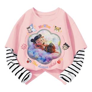 NASA联名哪吒敖丙童装翻转亮片变脸衣服女童纯棉假两件套长袖T恤