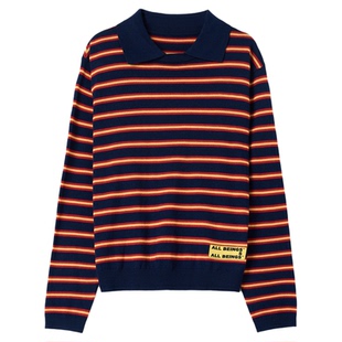 ALL BEINGS2025AW秋季新款撞色细条纹翻领长袖羊毛针织衫上衣女