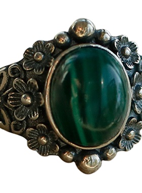 925纯银雕花复古孔雀石戒指环