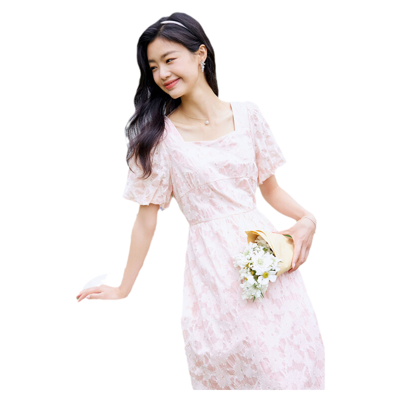 時尚氣質(zhì)短袖連衣裙夏季新款淑女溫柔方領(lǐng)顯瘦中長款裙子
