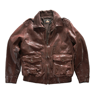 港式经典短款休闲A2 飞行夹克皮衣 翻领头层牛皮夹克真皮外套