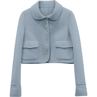 一三良品小个子奶油蓝羊毛高腰短款毛呢外套双面呢大衣外套上衣冬