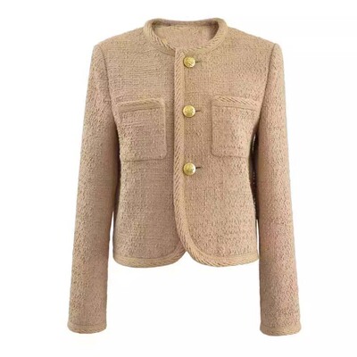 小香风卡其色修身圆领编织外套