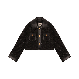 Amybaby女童套装冬季2025新款皮革拼接小香风外套无袖背心百褶裙