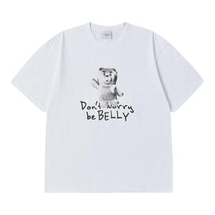 ADLV短袖T恤金属BELLY熊印花宽松圆领常规款白色黑色上衣男女夏季