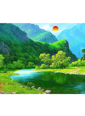 青山绿水图办公室风景画聚宝盆客厅沙发背景壁画办公室招财自粘画