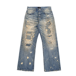 TBR 高端线 糜烂贴布泥染补丁破坏水洗做旧宽松直筒牛仔裤