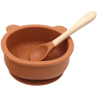 宝宝硅胶餐盘碗木柄勺套餐 婴儿可爱熊吸盘式学吃饭辅食儿童餐具