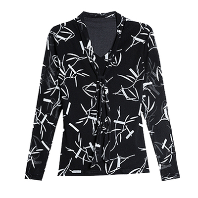 秋冬v领长袖气质网纱t恤