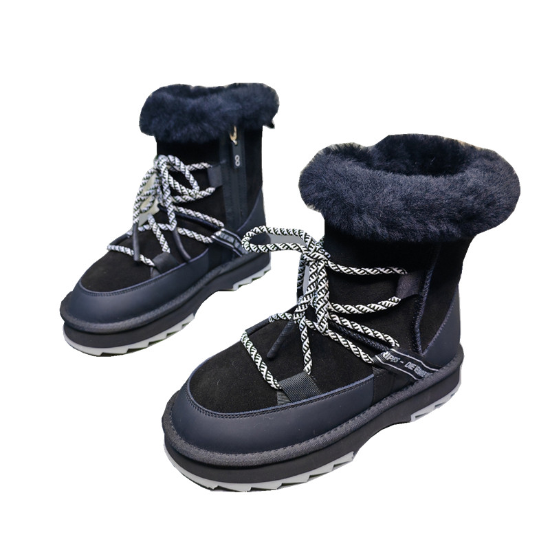 真皮保暖加绒雪地靴女款圆头系带