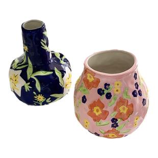 安木良品 出口订单 超美纯手彩绘手捏不规则艺术陶瓷花插摆件花瓶